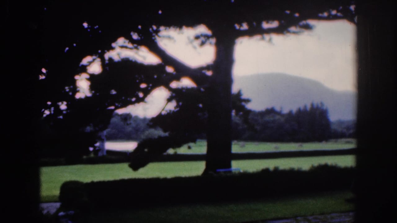 Dark window or doorway frame around lawns, a large tree, hedges, and distant hills.