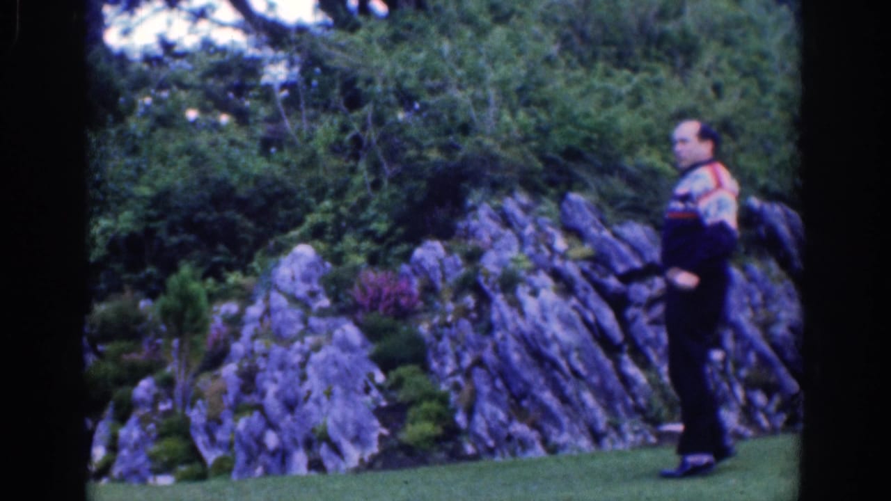 The man walks through a Dublin park beside a jagged rock formation and dense green planting.