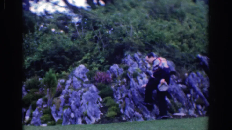 1961 Dublin home-movie frame of a man in patterned knitwear moving through a garden with rocks, shrubs, and lawn.