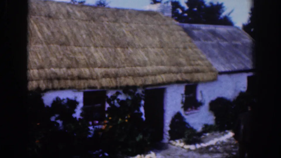 1961 Dublin-area home-movie frame of the thatched cottage exterior with garden planting and a stone-edged path in front.