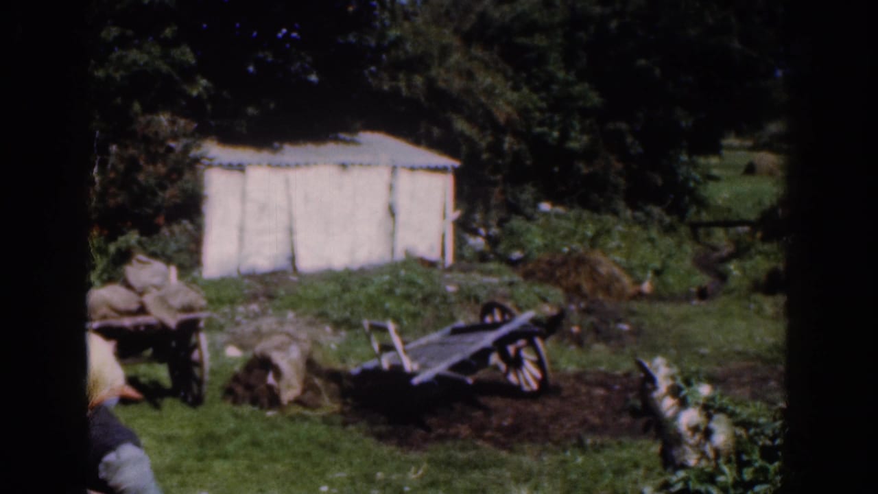 1961 Dublin-area home-movie frame showing a white outbuilding, carts, sacks, grass, trees, and a partly cropped person at the left edge.