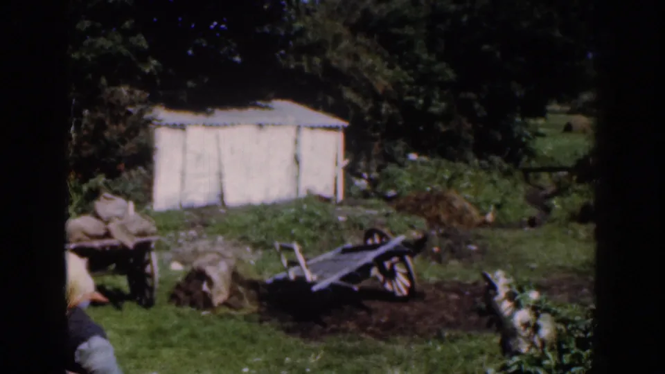 1961 Dublin-area home-movie frame showing a white outbuilding, carts, sacks, grass, trees, and a partly cropped person at the left edge.