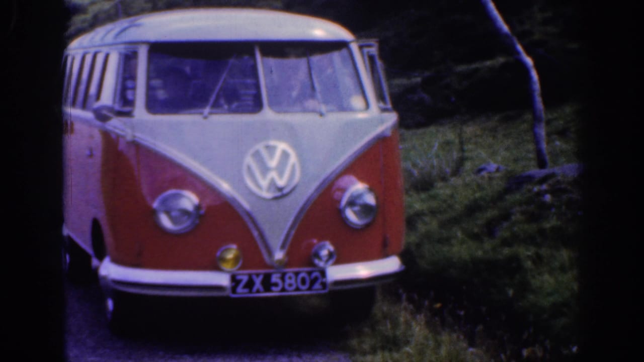 Volkswagen camper front with license plate and roadside greenery.