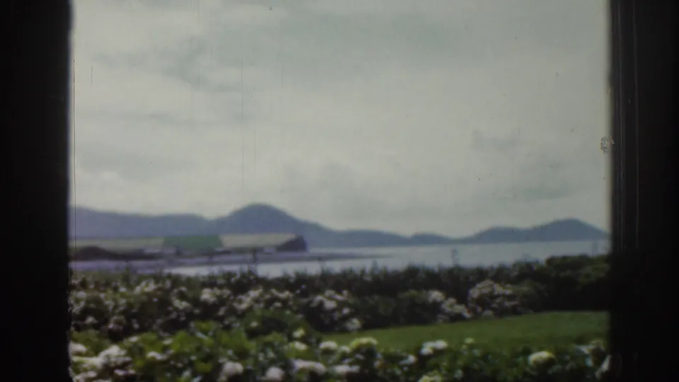 1961 Ireland home-movie frame showing a soft coastal panorama through a window, with flowers, green land, water, and hills.