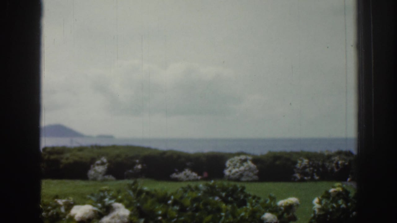 1961 Ireland 8mm frame showing a green garden and white flowering shrubs through window frames, with water and distant hills beyond.