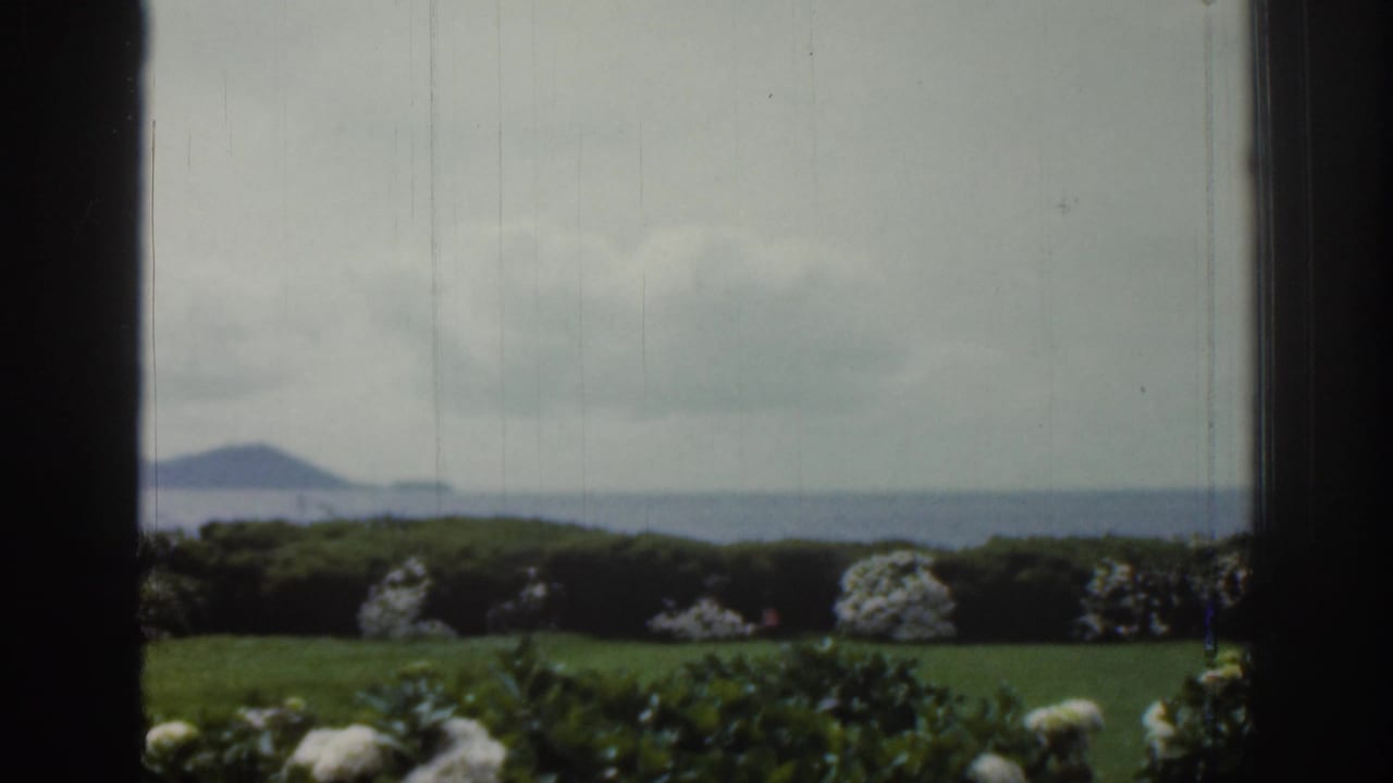 1961 Ireland home-movie still of a coastal garden viewed through a window, with flowers, water, and hazy hills under clouds.
