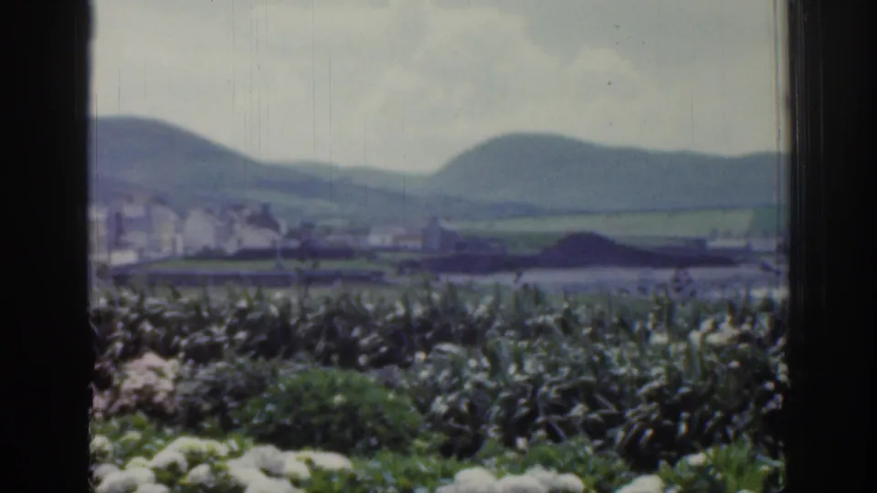 1961 Ireland home-movie view through a dark window frame toward foreground vegetation, a small shoreline settlement, fields, and rounded hills.