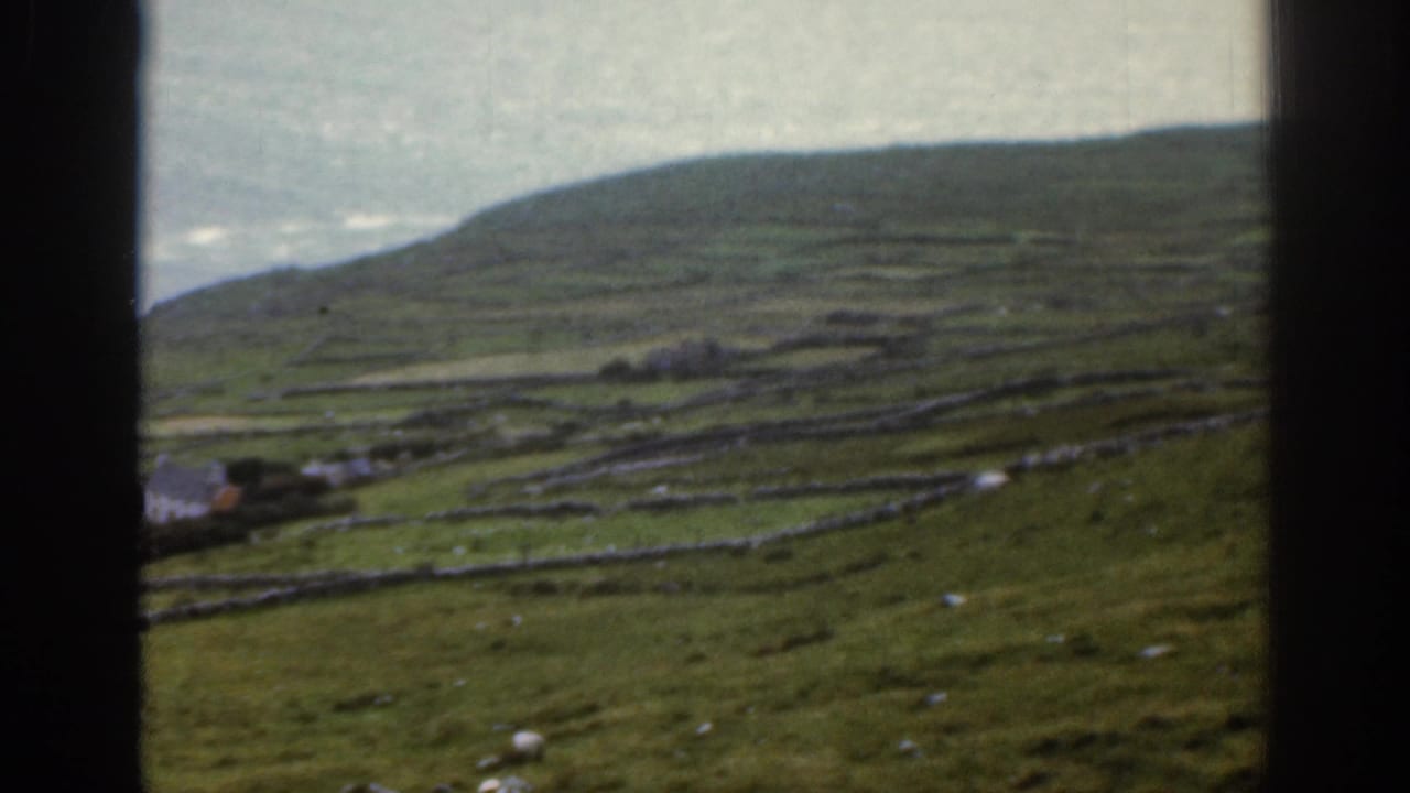 1961 Ireland 8mm view of a grassy coastal hillside divided by stone walls, with small white buildings and sea beyond.