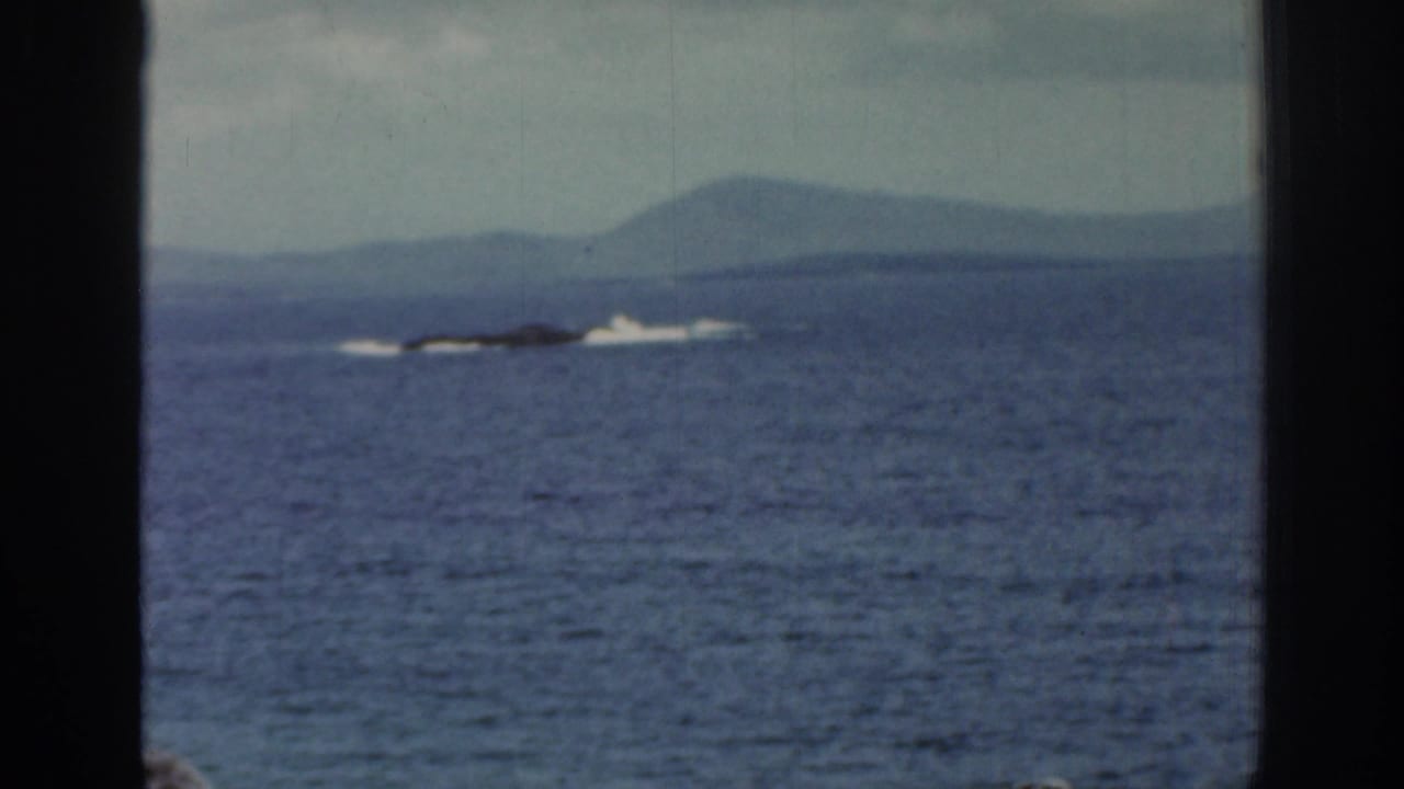 1961 Ireland 8mm frame showing open water, far-off surf, hazy hills, and dark window bars cutting through the view.