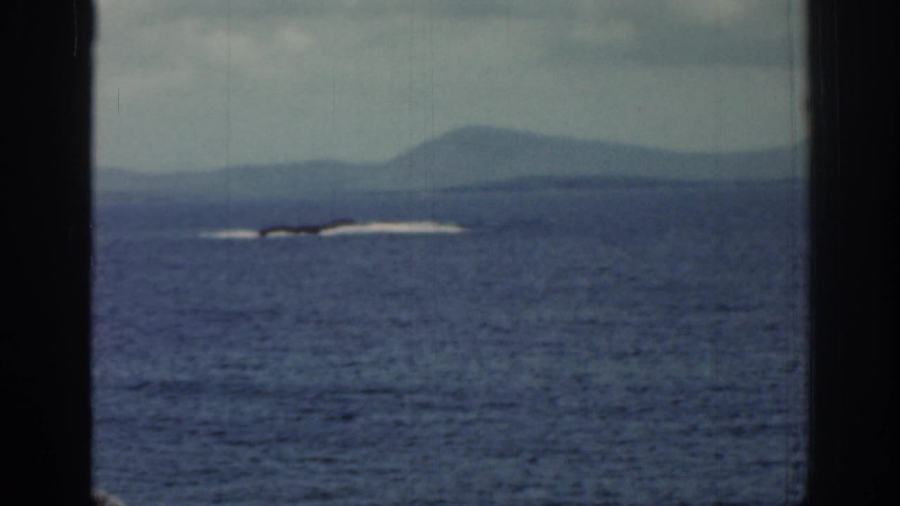Open sea with distant surf and hazy landforms, framed by dark vertical bars.