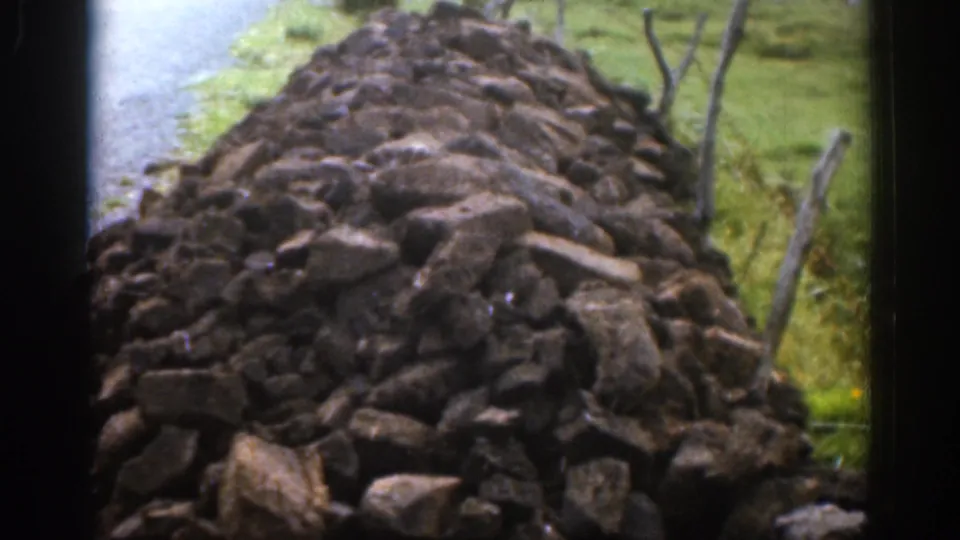 Close view of an Irish dry-stone wall in 1961, showing rough stacked rocks beside grass and simple fence posts.