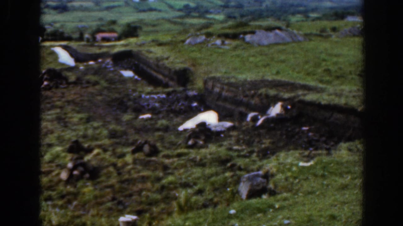 A wider rural Irish view shows stone boundary walls, green pasture, wet ground, scattered rocks, and small farm structures under cloudy light.