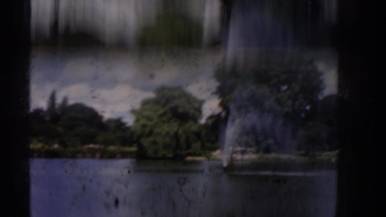 Soft 8mm park view with a lake, fountain spray, trees, and bright sky, partly blurred by camera or vehicle movement.