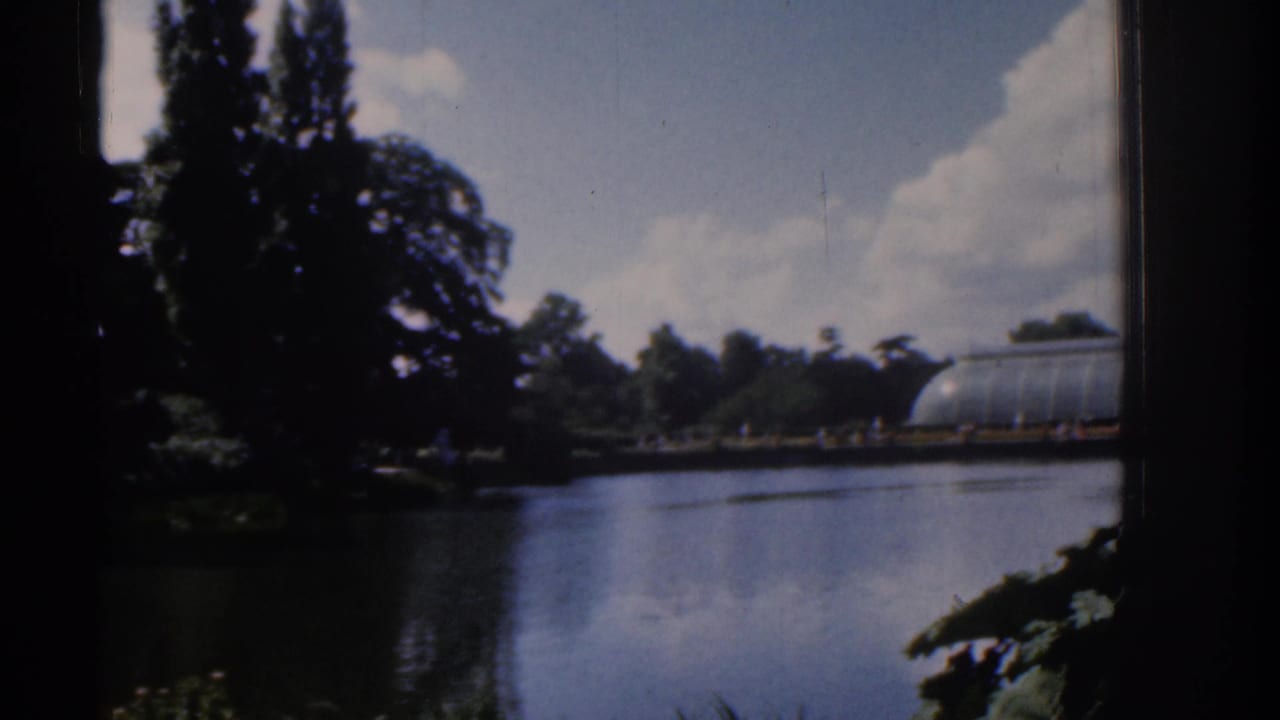 1961 Ireland 8mm view of a landscaped lake with a distant glass conservatory, tall trees, foreground leaves, and summer clouds.