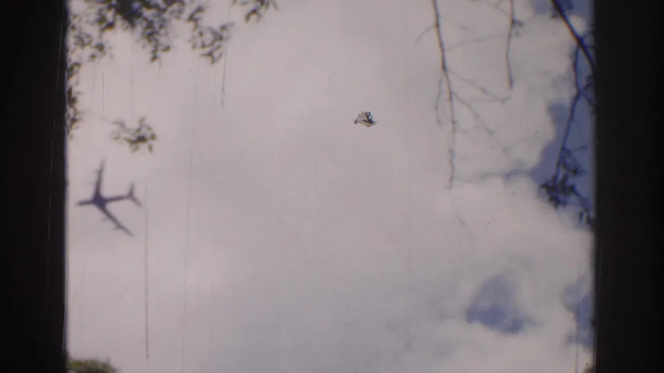 1961 Ireland 8mm frame showing a distant airplane against a pale sky with tree branches and dark vertical film-edge shadows.