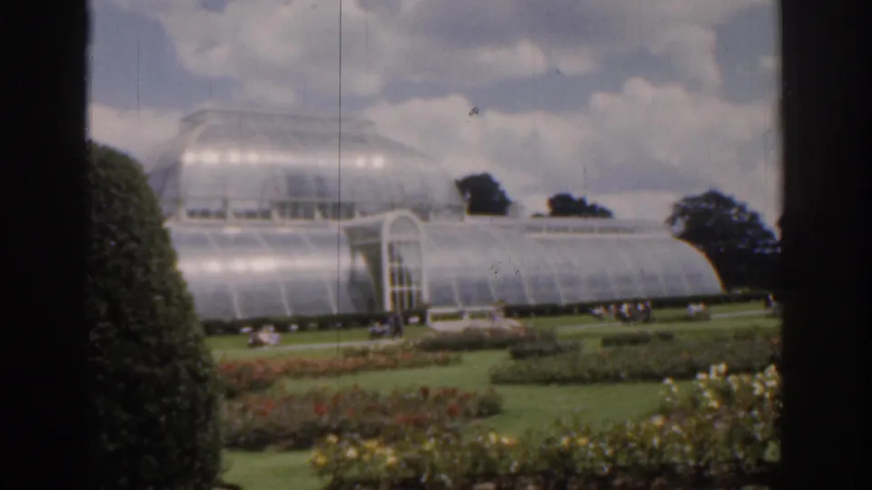 1961 Ireland 8mm frame of a large glass conservatory behind formal lawns, flowerbeds, hedges, trees, and small distant visitors.