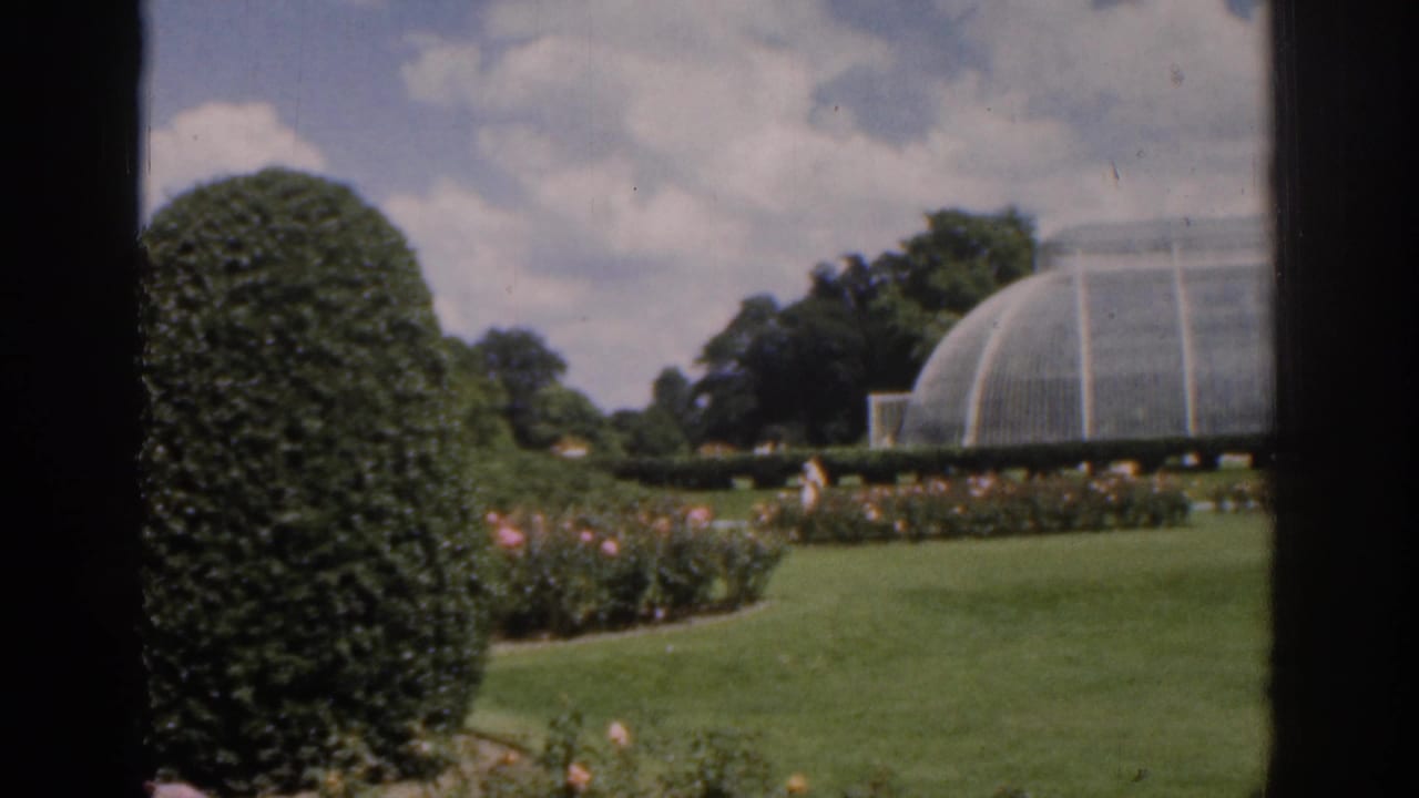 1961 Ireland home-movie frame showing a formal garden with trimmed hedge, flower beds, lawn, trees, and a glass greenhouse under clouds.