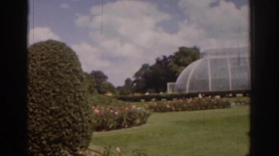 1961 Ireland 8mm frame with softened focus on a clipped hedge, flower border, open lawn, and greenhouse in a formal park setting.