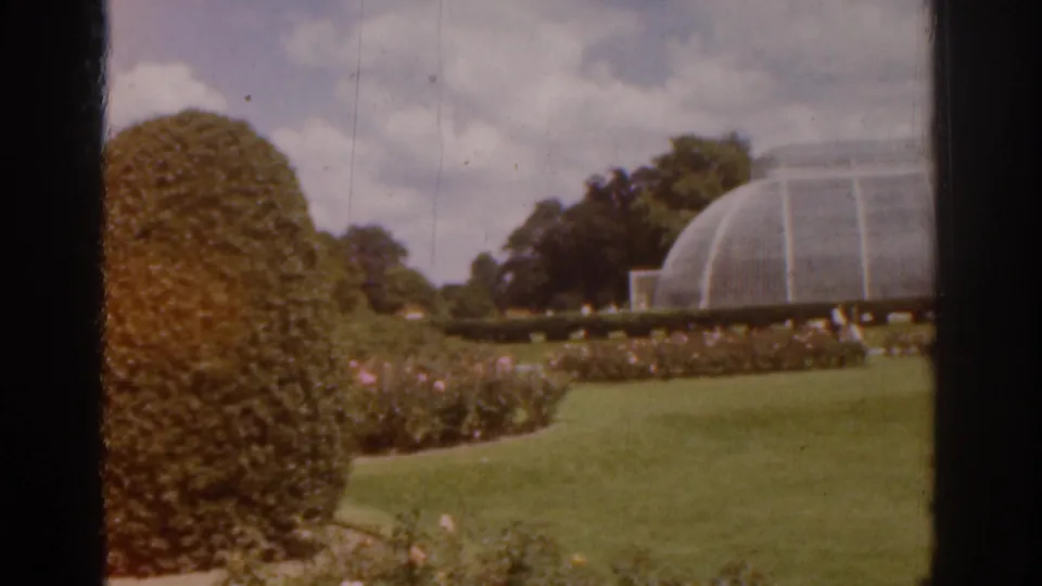 1961 Ireland home-movie frame showing the greenhouse, lawn, flower beds, trees, and a foreground hedge with warm color fading.