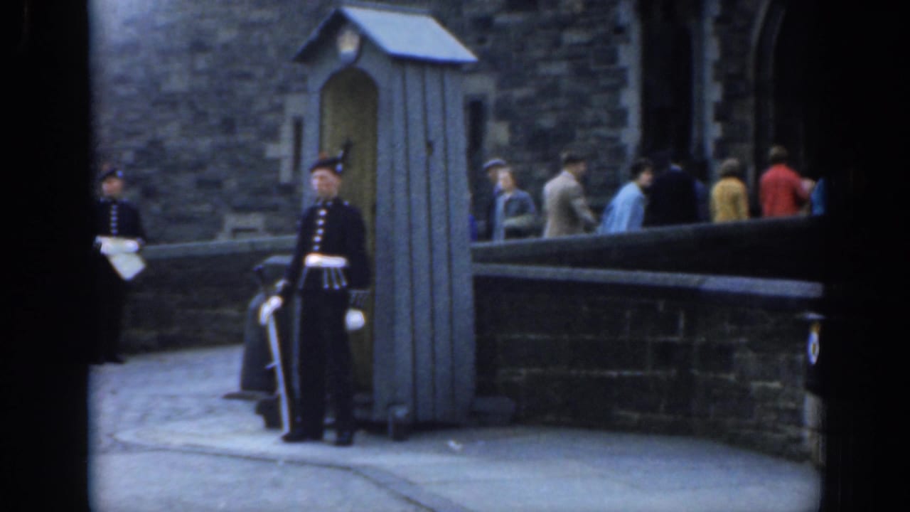 Ceremonial guards stand near a wooden sentry box while tourists pass by a stone building.