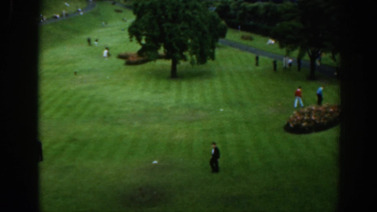 1961 Scotland frame showing visitors crossing open park grass near a large tree and flower bed, filmed from above.