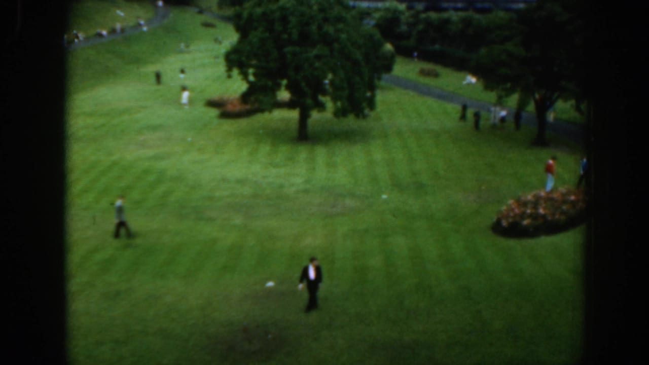 A 1961 Scottish park view shows a central tree, trimmed grass, flower bed, and visitors walking across the grounds.