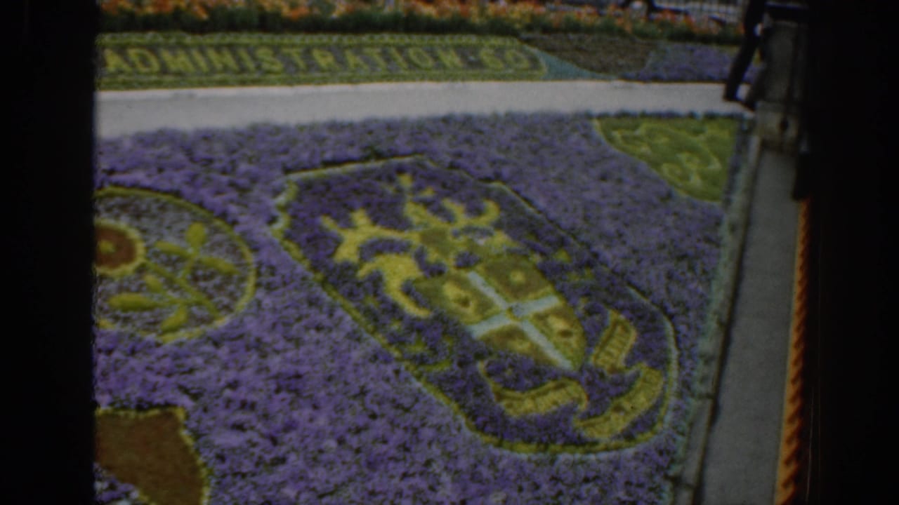 1961 Scotland 8mm frame showing a shield-shaped floral emblem in purple, green, and yellow beside a garden path.