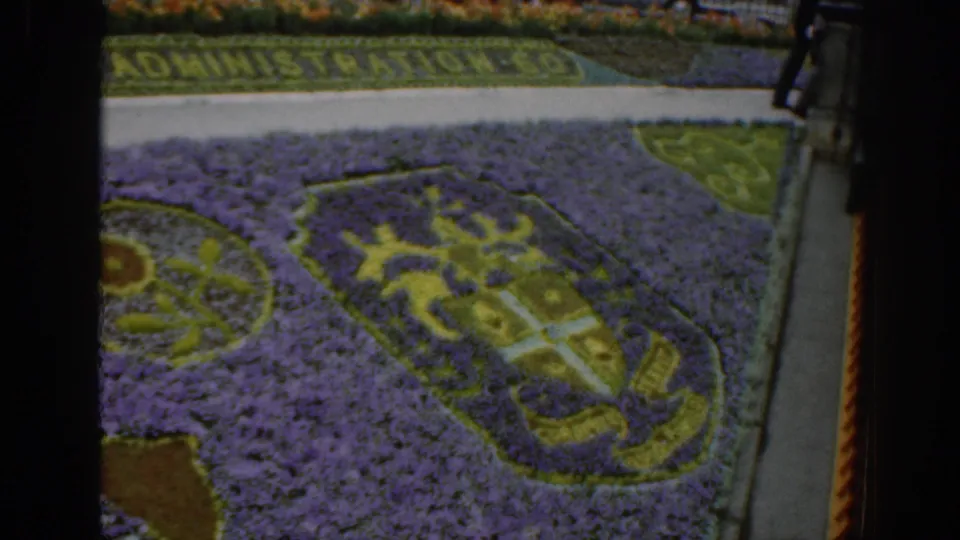 1961 Scotland 8mm frame showing a shield-shaped floral emblem in purple, green, and yellow beside a garden path.