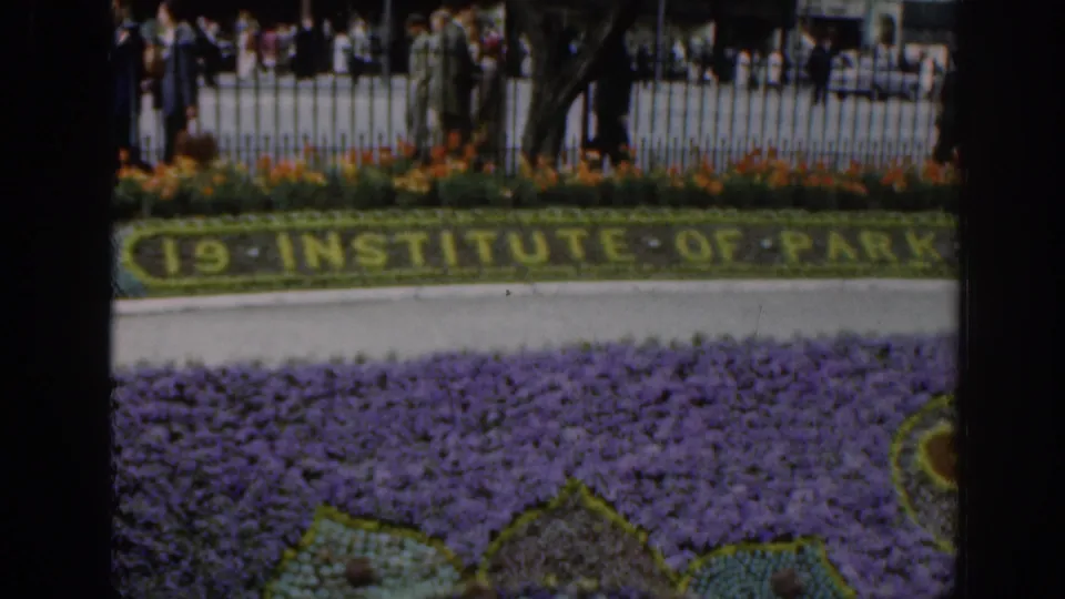 1961 Scotland 8mm view of a public garden display with planted text, purple bedding, railings, and park visitors beyond.