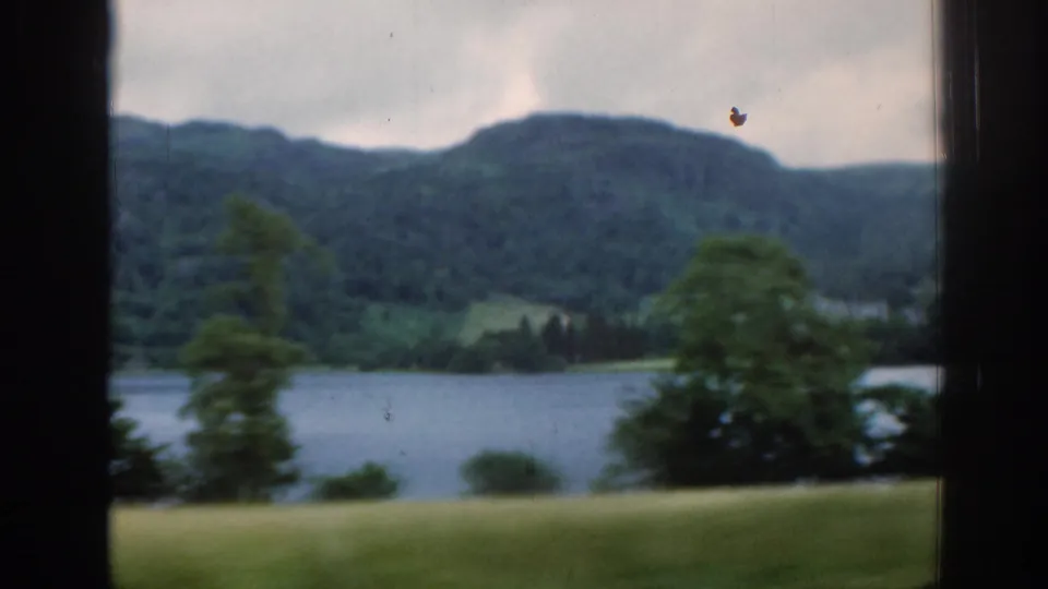1961 Scotland 8mm view of a loch and forested hills, with roadside trees blurred by car movement.