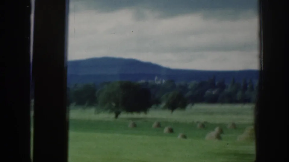 1961 Scotland train-window view of green fields with haystacks, tree lines, distant hills, cloudy sky, and a silhouetted passenger at the edge.