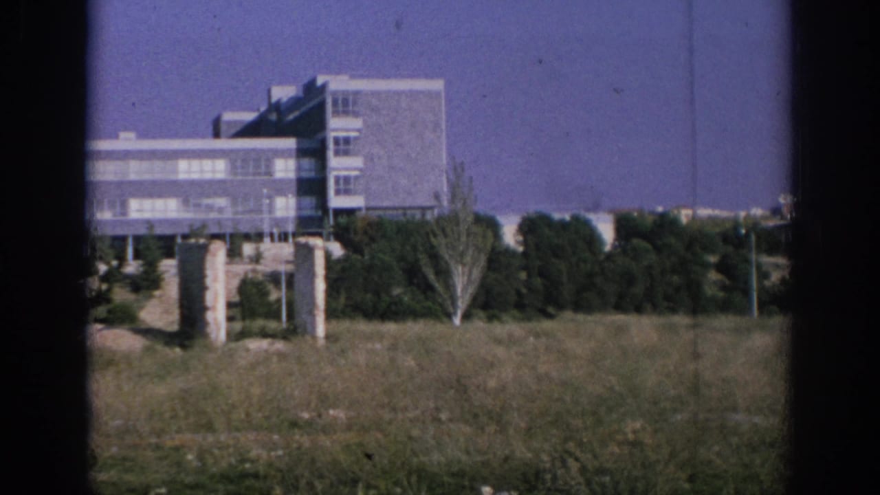 Gray modern building beyond a grassy field with trees and dark frame edges.