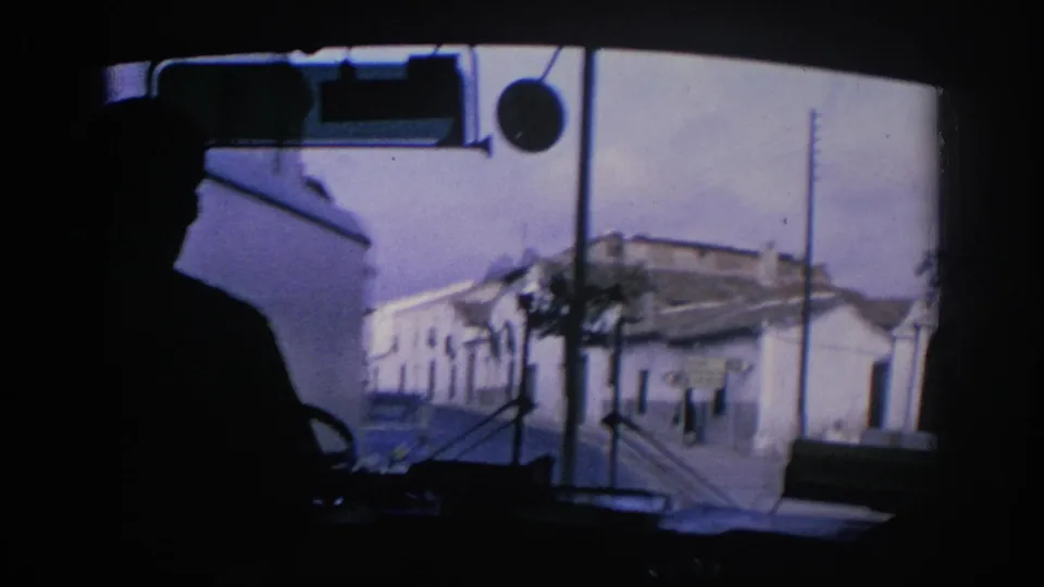 A dark passenger profile is seen inside the bus as the windshield view passes white buildings and a small roadside tree in Spain.