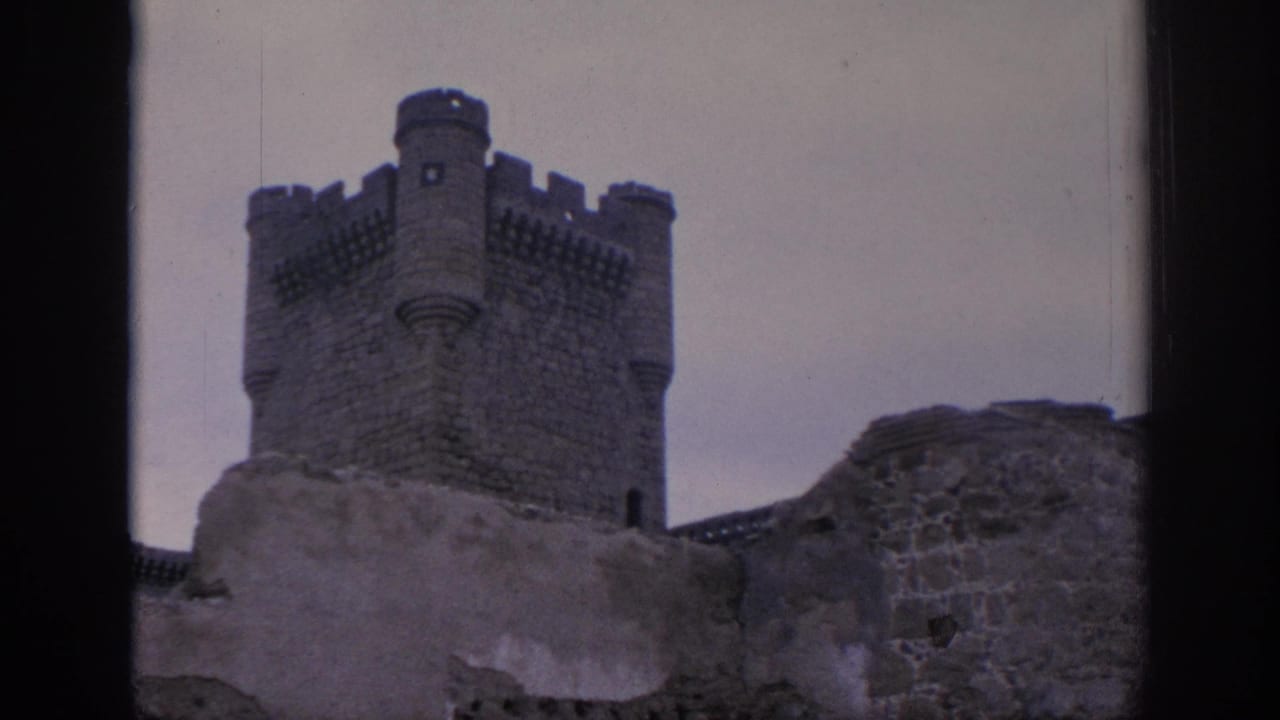Stone tower and ruined wall seen through a vertical dark frame.