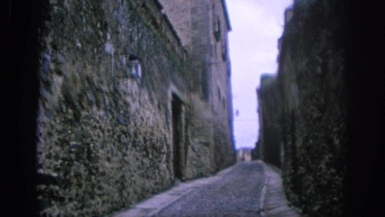 Narrow cobbled lane between rough stone buildings with a wall lantern on the left.