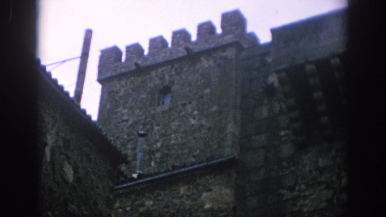 Stone tower with crenellations and adjoining castle wall under pale sky.