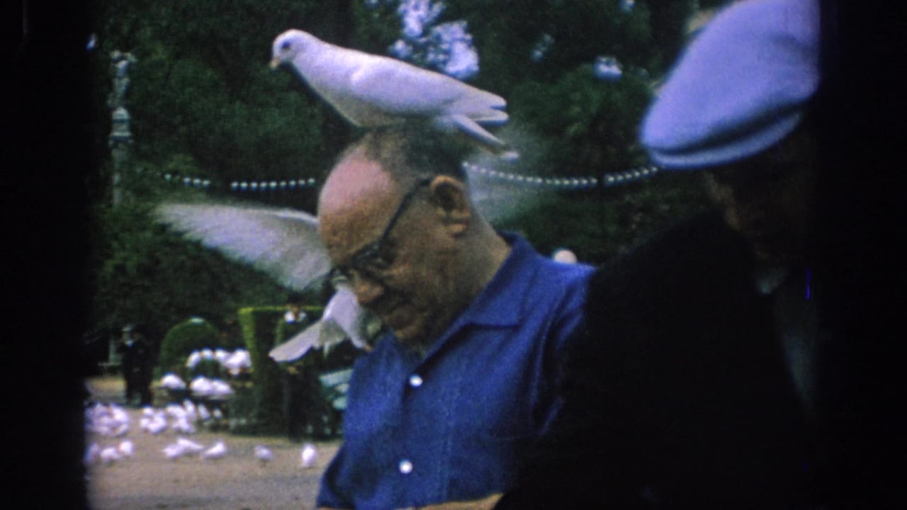 In 1966 Spain footage, an older man in glasses stands calmly as a white dove perches on his head near greenery and other birds.