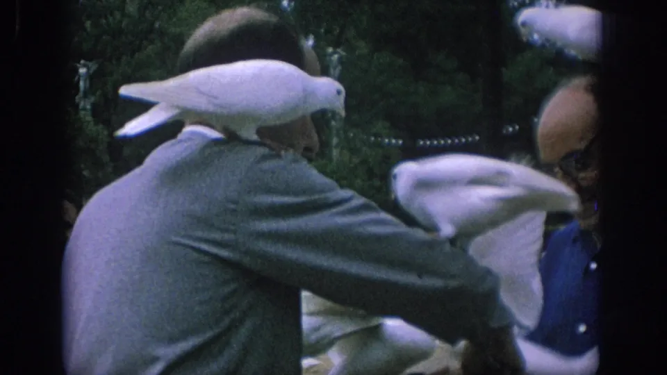 A white dove stretches across a man's cap while another older man in glasses stands beside him in the Spain park scene.