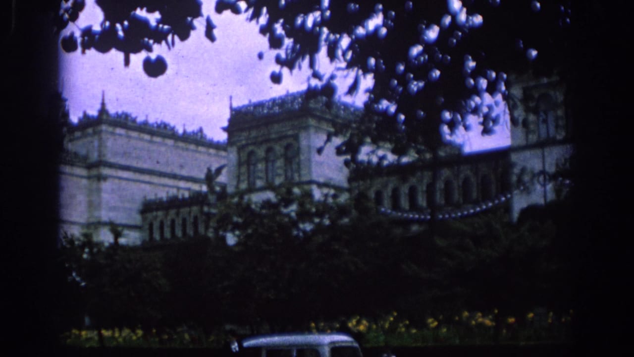 Decorative building facade partly hidden by foliage with a car roof at the bottom edge.