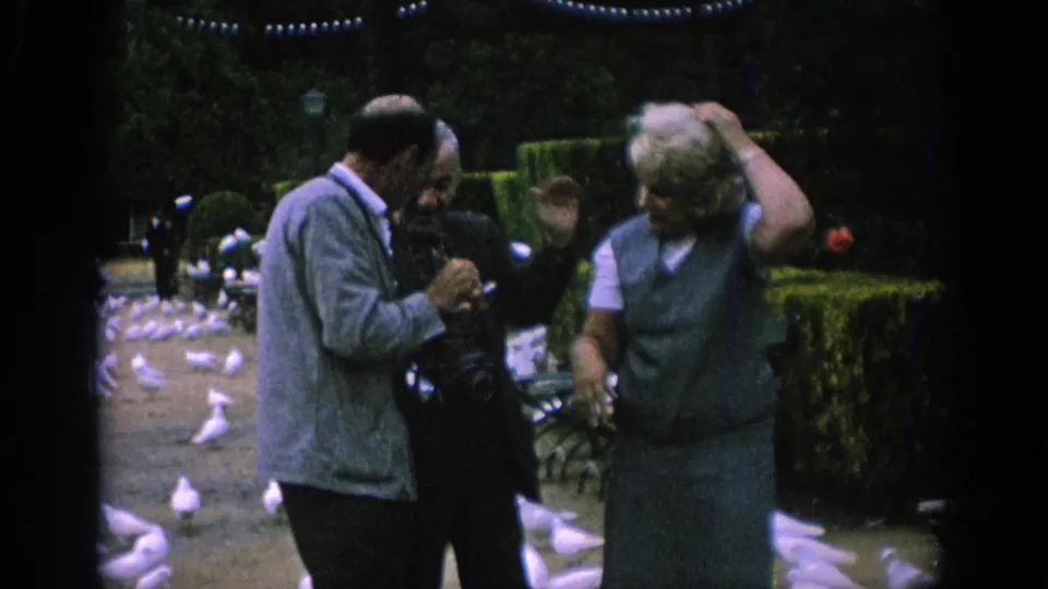 In Spain, 1966, adults stand talking near benches and white pigeons in a shaded park garden.
