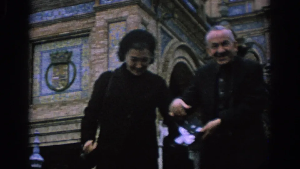 The couple meet near the ornate tiled stairway; the man holds a camera and both adults are visible in soft 8mm focus.