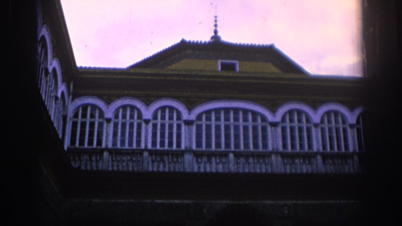 Ornate arched balcony windows above a dark courtyard opening.
