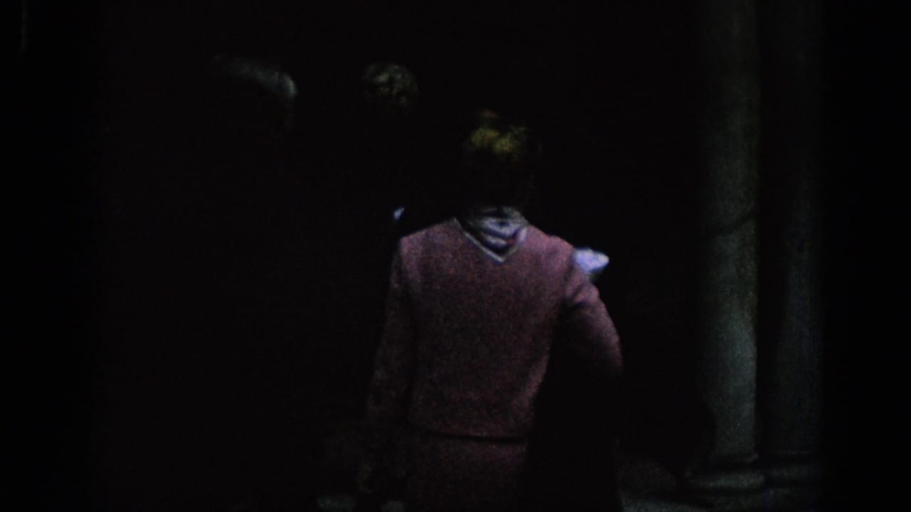 Woman seen from behind walking into a dark arched courtyard.