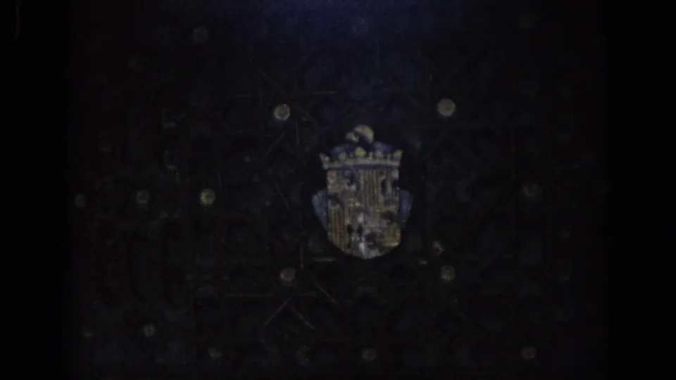 1966 Spain home-movie frame showing a crowned heraldic shield on a dark wall, partly obscured by grain and shadow.