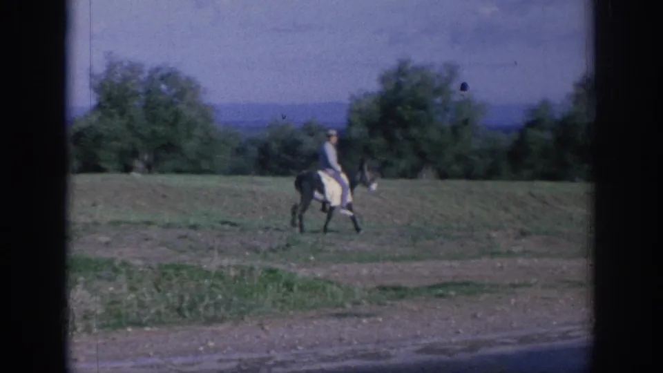 1966 Spain home-movie frame of a donkey rider crossing a rural field, with trees and hazy hills behind him.