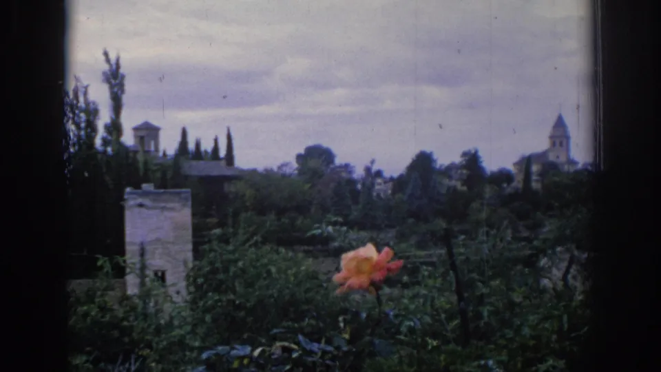 1966 Spain 8mm frame showing a garden through a window, with an orange carnation, greenery, a stone tower, and a distant church bell tower.