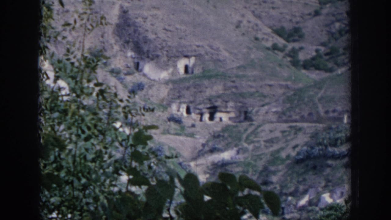 Hillside with cave-like openings, rough paths, and leafy plants in the foreground.