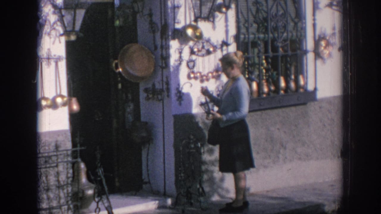 Woman looks at hanging metal items beside a barred shop window and exterior display.