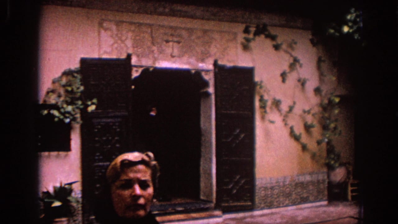 Woman partly visible below shuttered courtyard windows and potted plants.