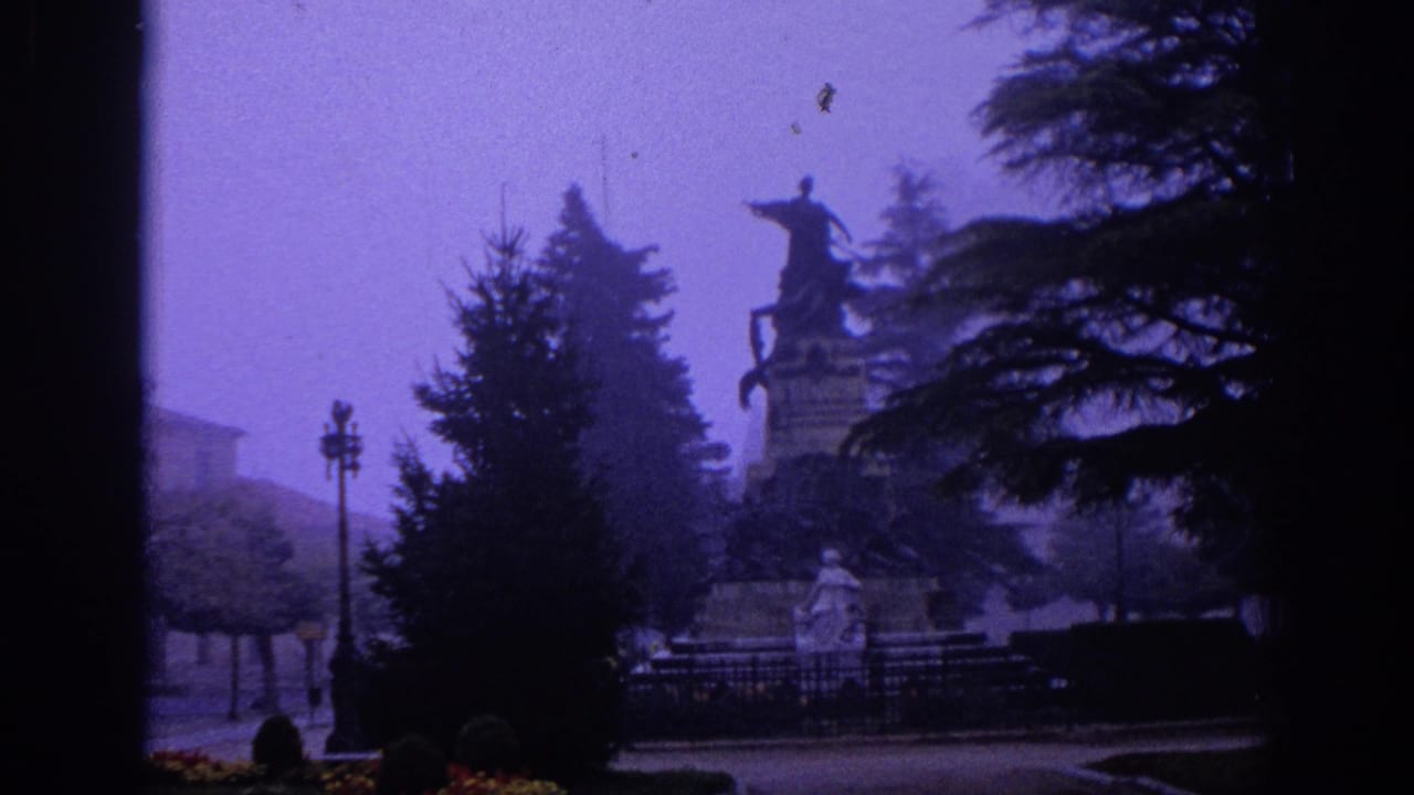 Equestrian statue seen through trees in a hazy park setting.